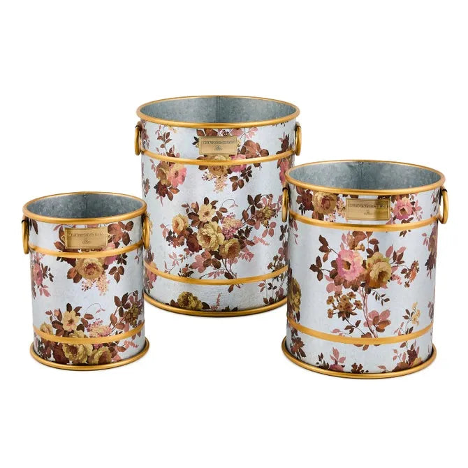 Wild Rose Galvanized Planters, Set of 3