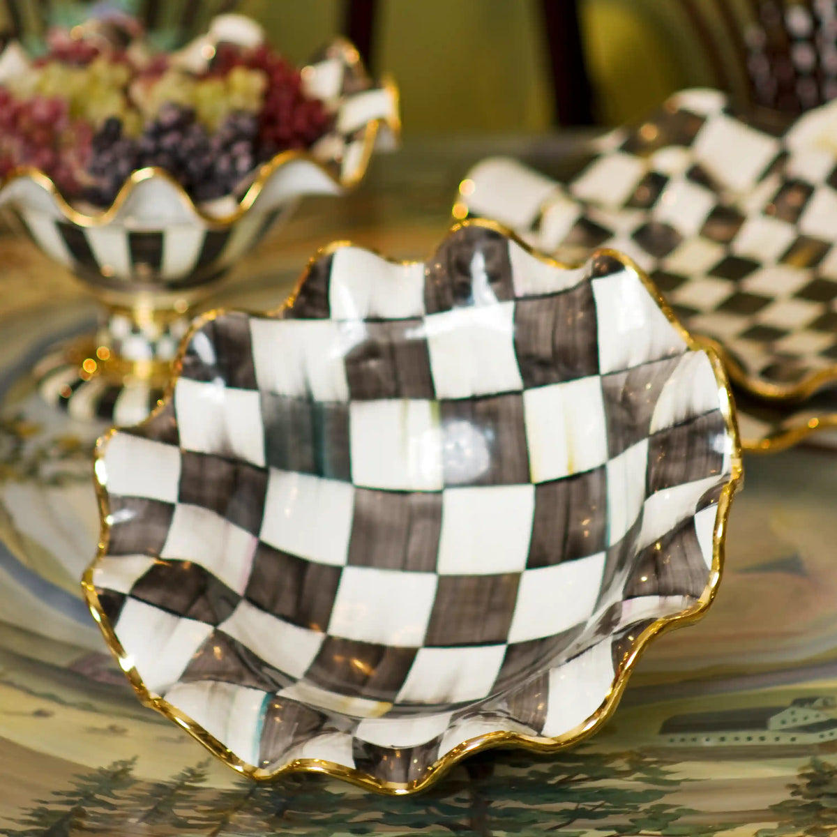 Violet Check Medium Ceramic Fluted Serving Bowl