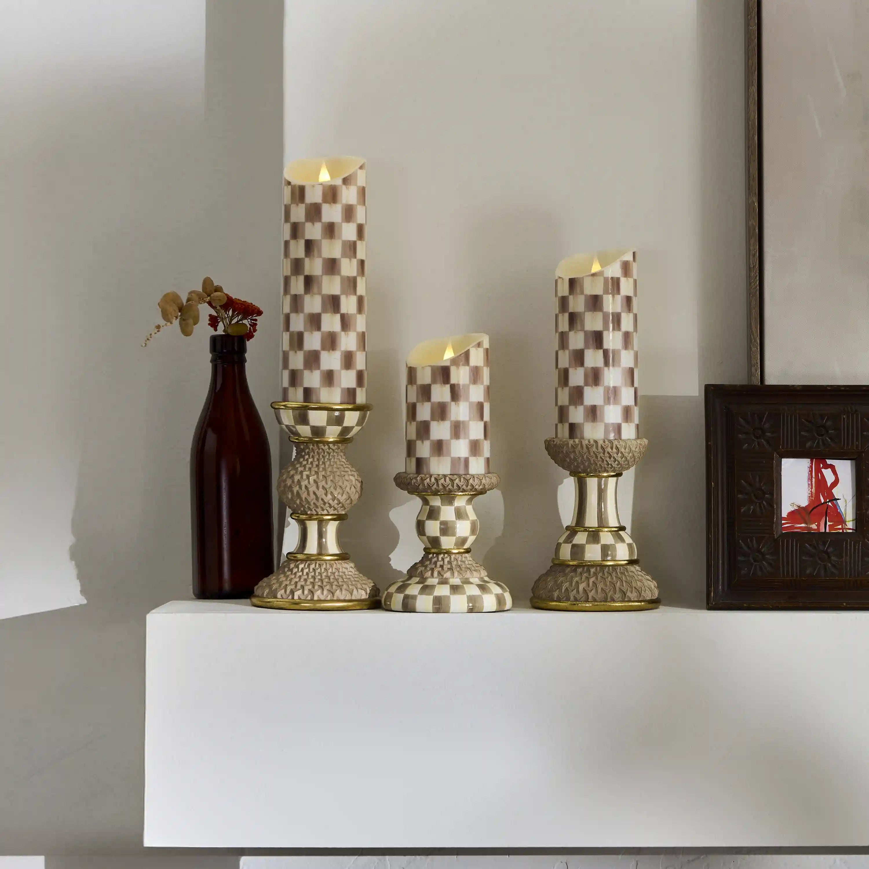 Mocha Check Flameless 9" Pillar Candle