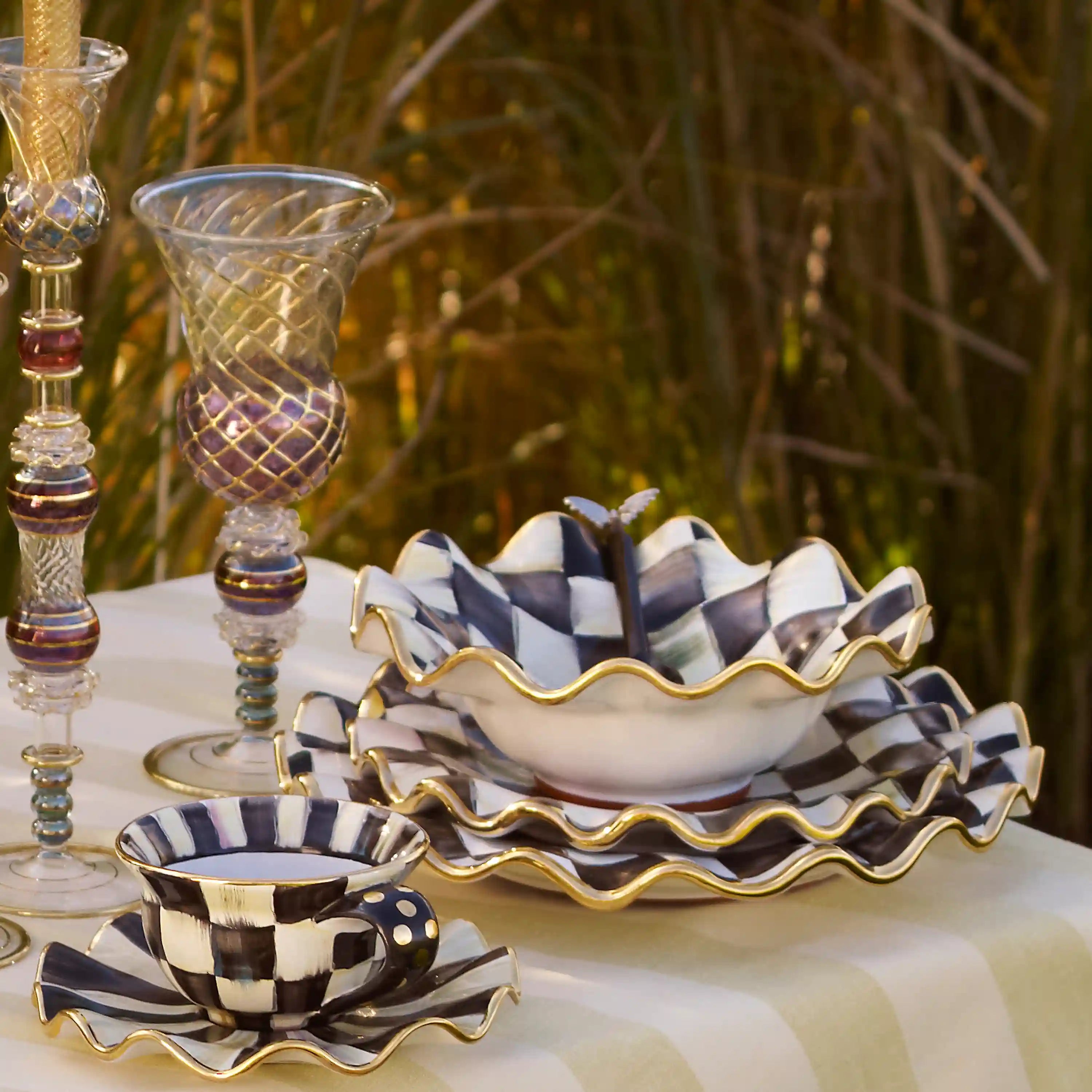 Mocha Check Ceramic Fluted Breakfast Bowl