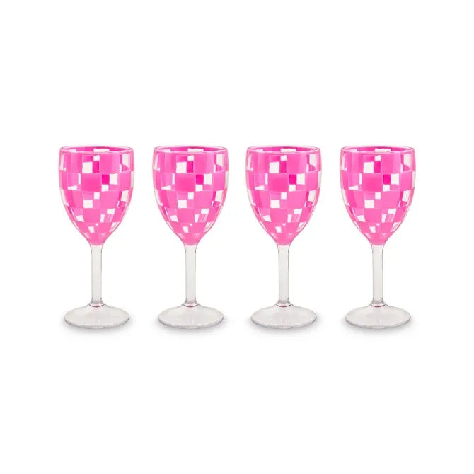 Pink Check Acrylic Wine Goblets, Set of 4