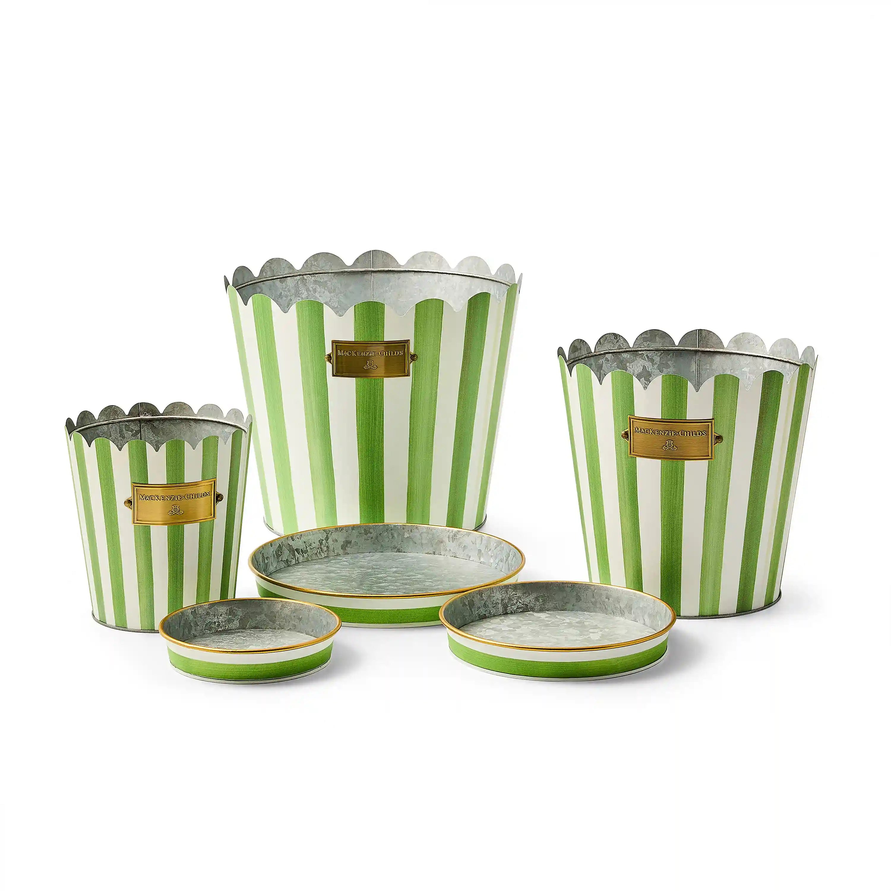 Grass Green Stripe Pots & Saucers, Set of 3