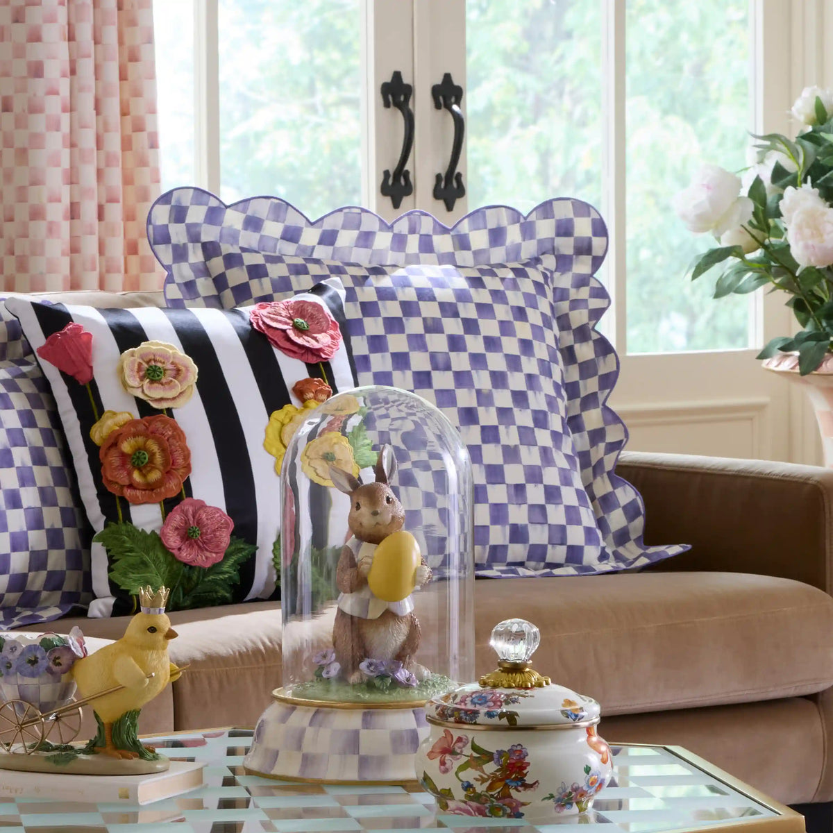 Violet Check Reversible Scalloped Lumbar Throw Pillow