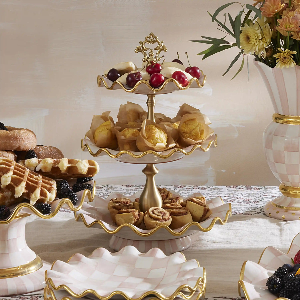 Violet Check Ceramic Three Tier Sweet Stand