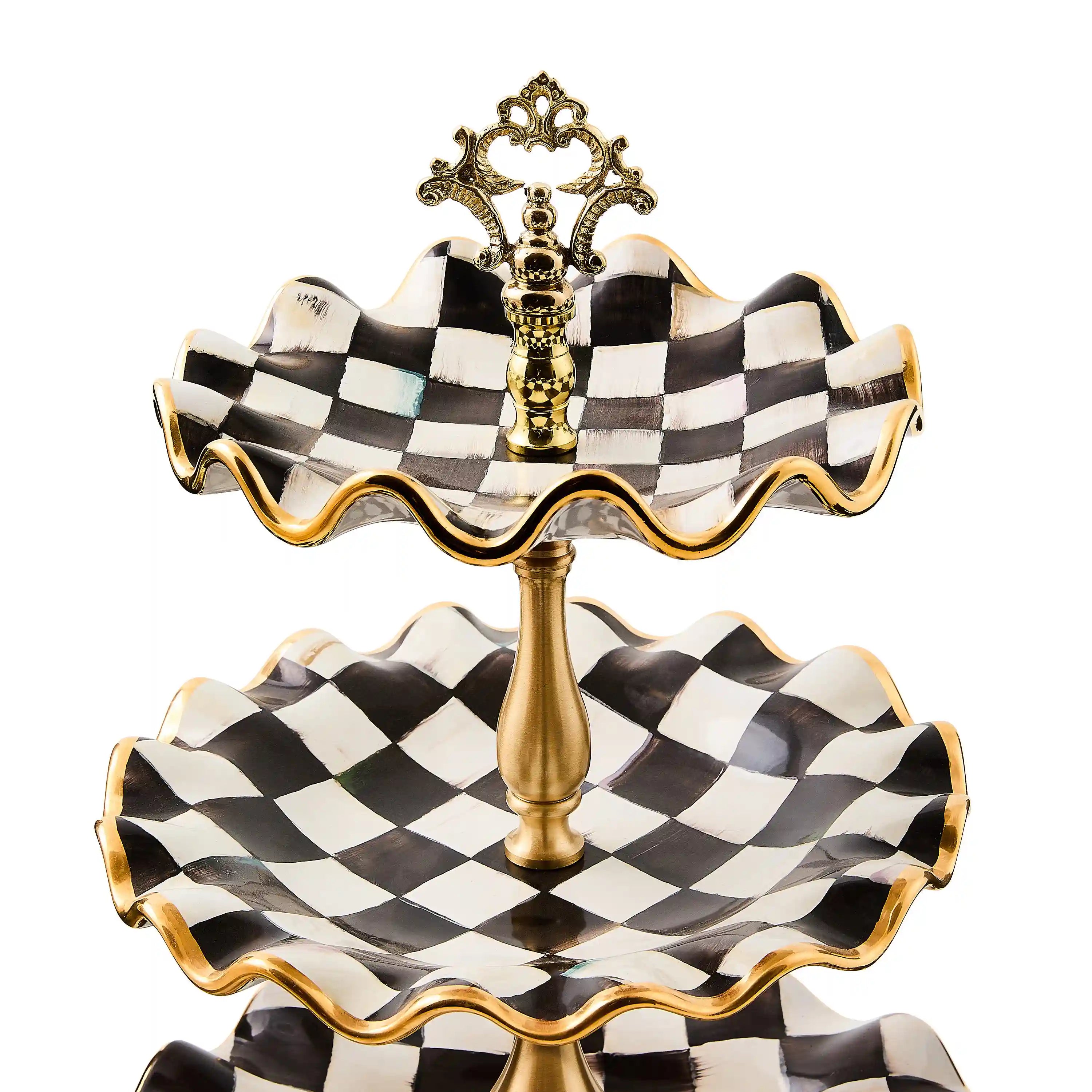 Violet Check Ceramic Three Tier Sweet Stand