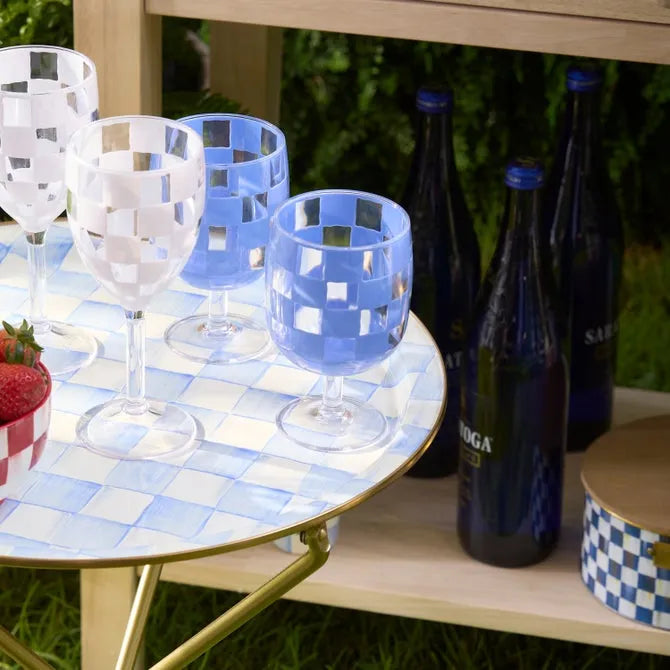 Blue Check Acrylic Water Goblets, Set of 4