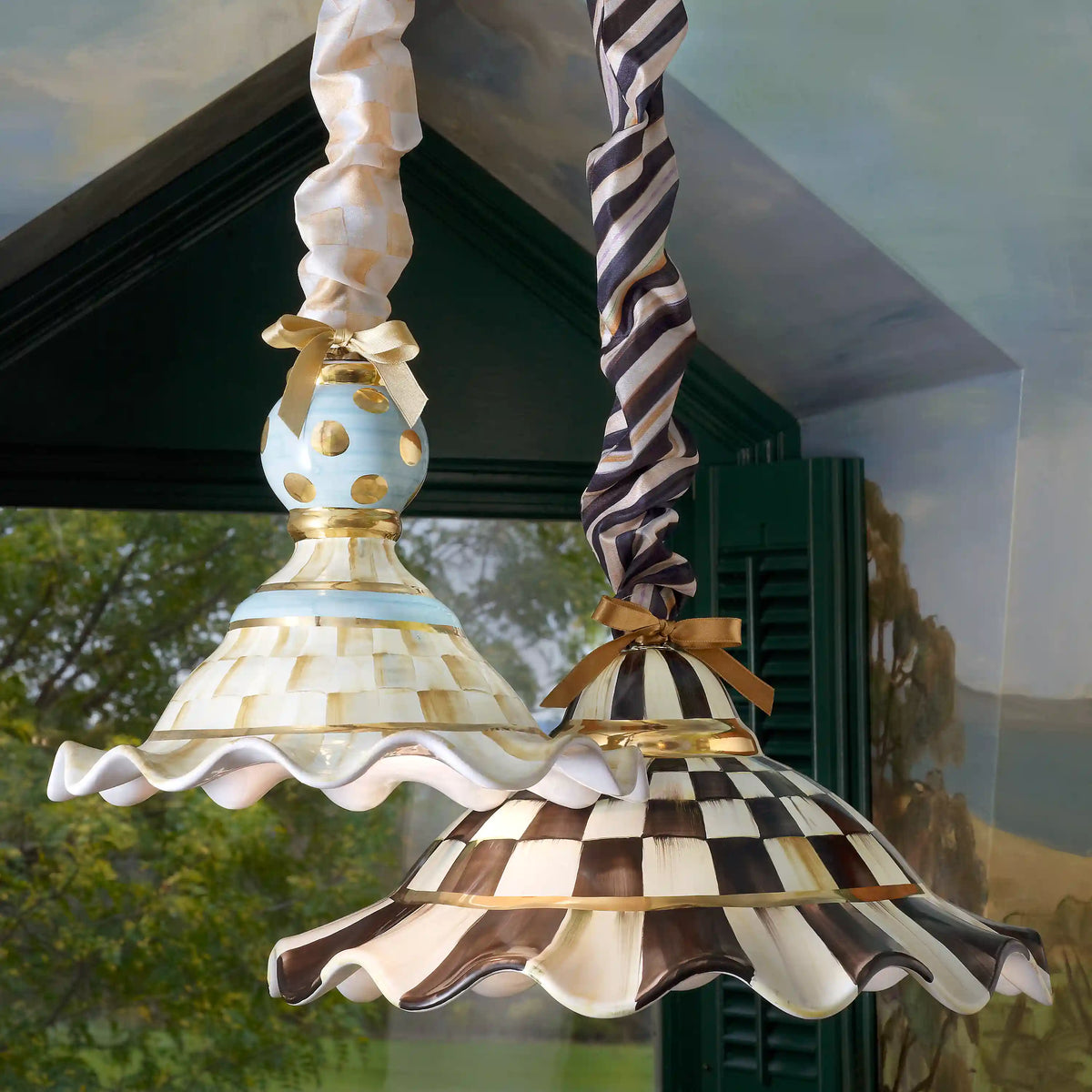 Mocha Check Ceramic Fluted Hanging Lamp