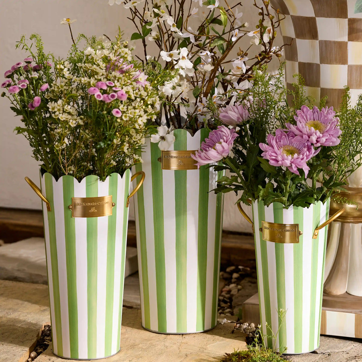 Grass Green Stripe Flower Buckets, Set of 3