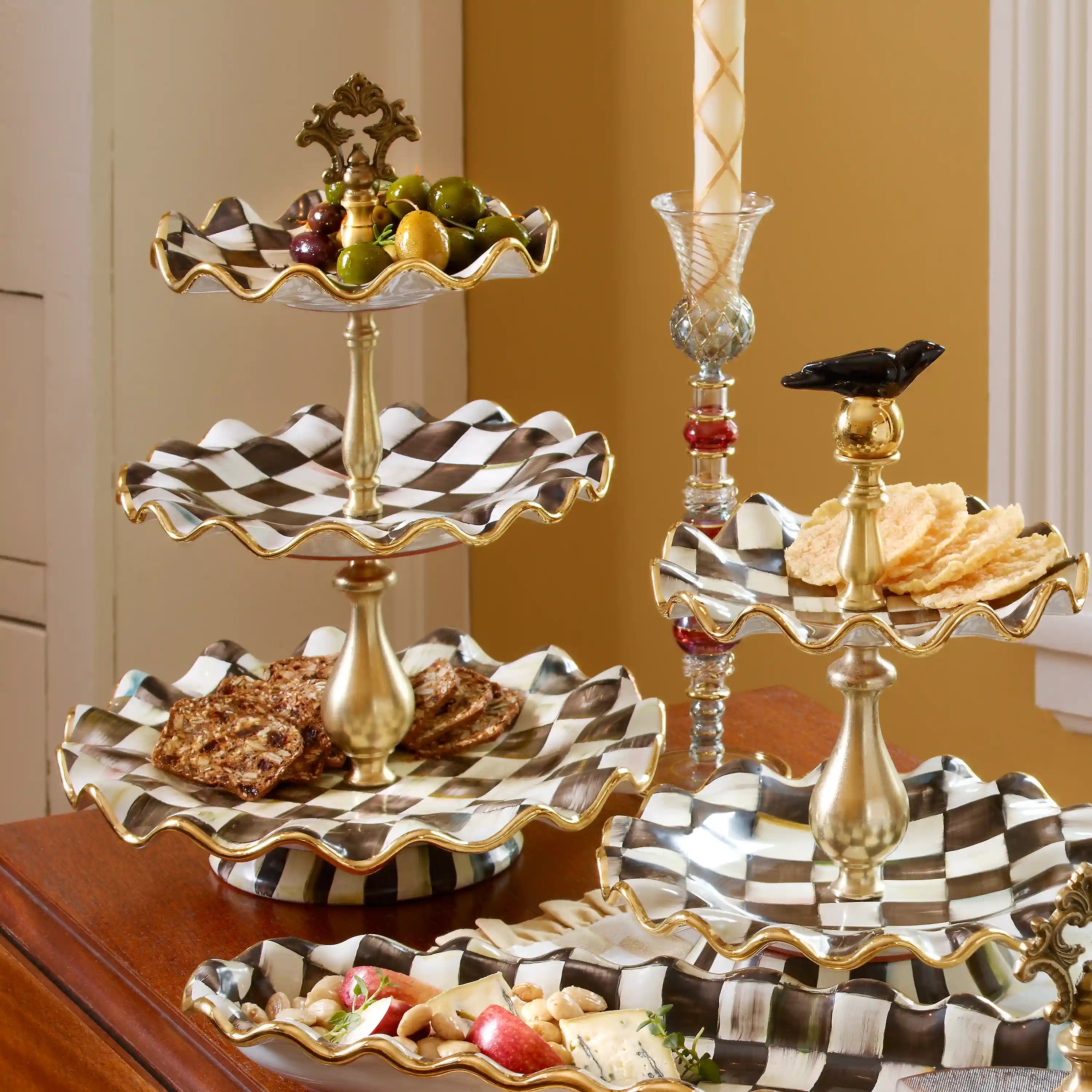 Violet Check Ceramic Three Tier Sweet Stand
