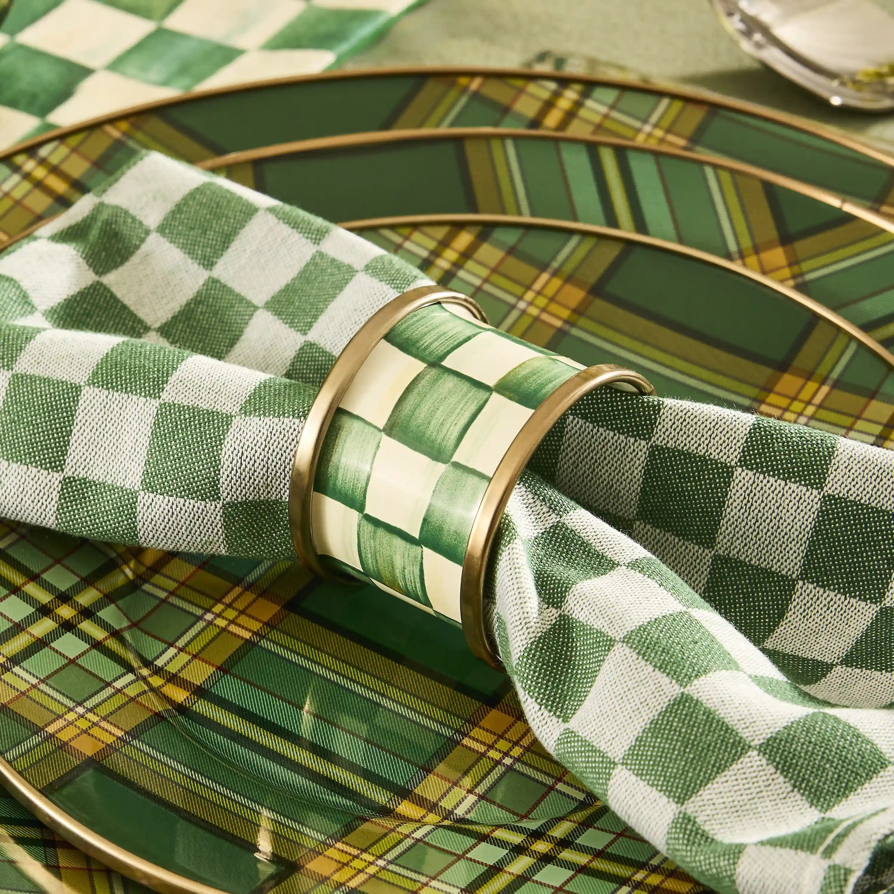 Emerald Check Napkin Rings, Set of 4