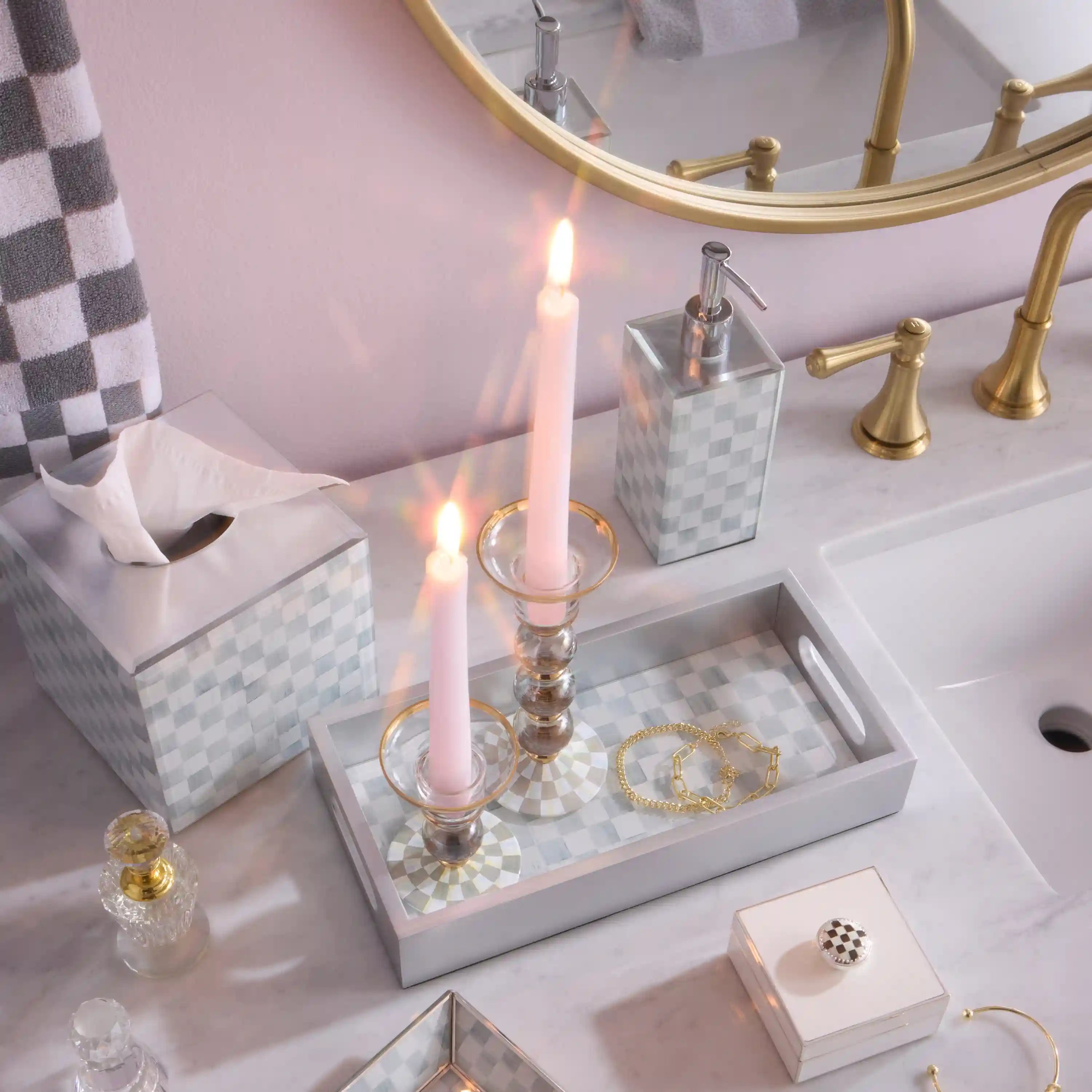 Violet Check Small Glass Candlestick