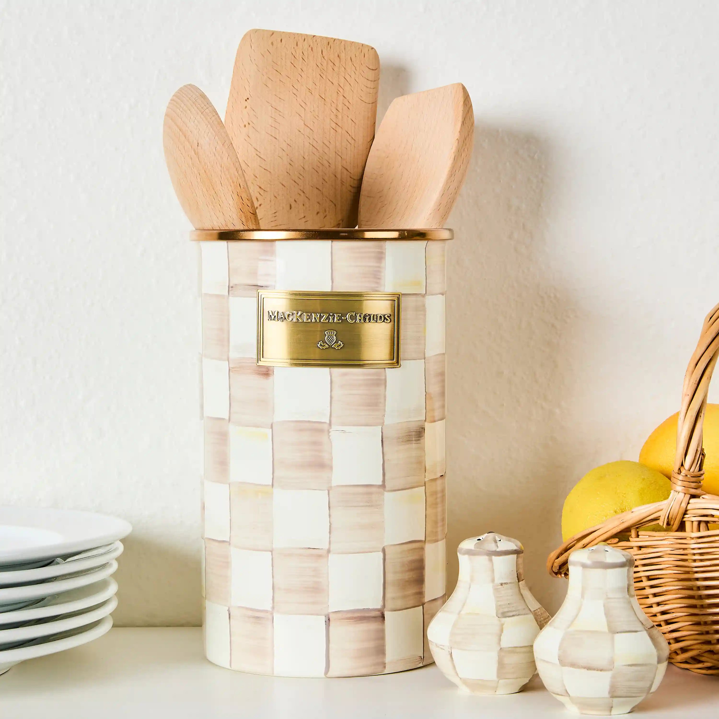 Emerald Check Utensil Holder