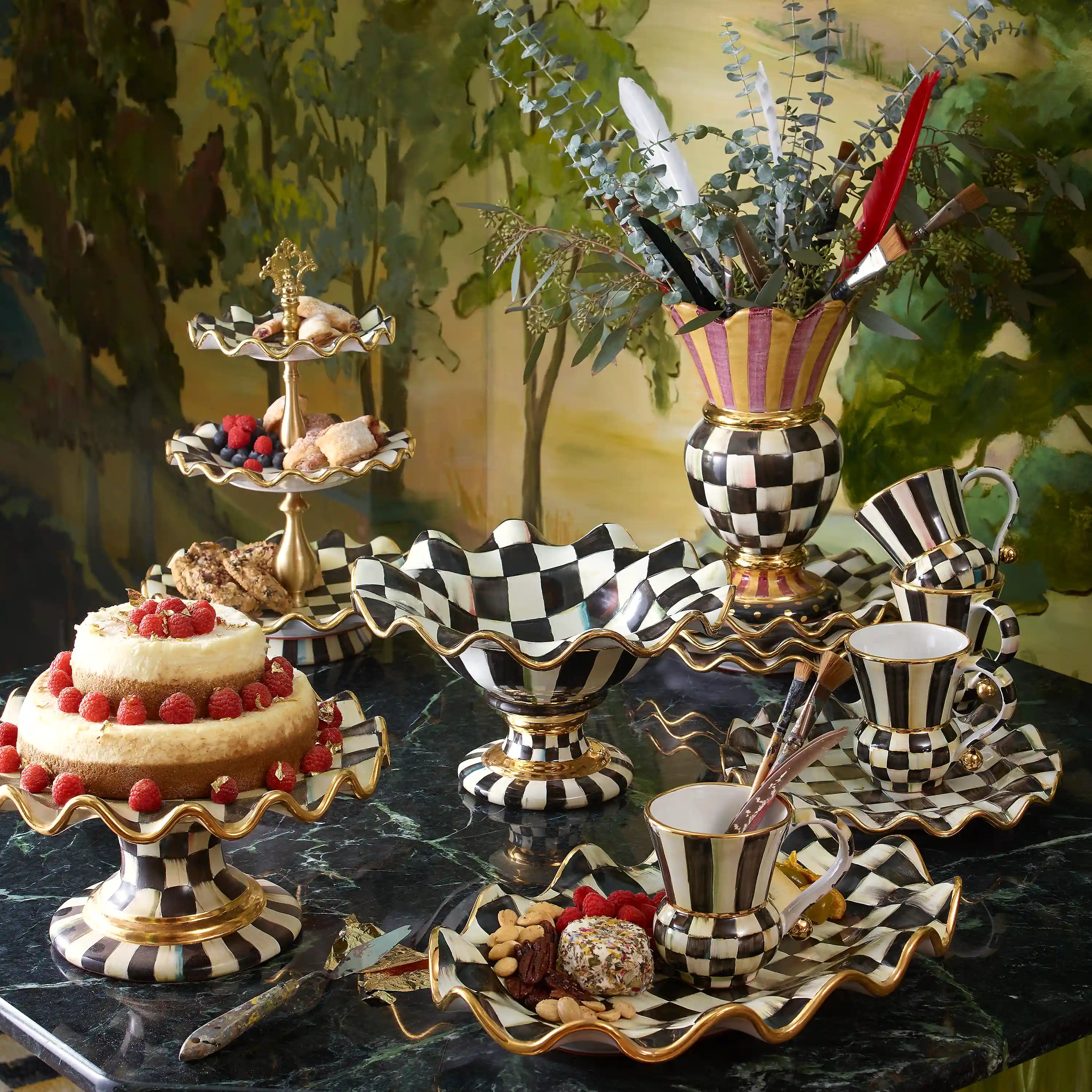 Violet Check Ceramic Three Tier Sweet Stand