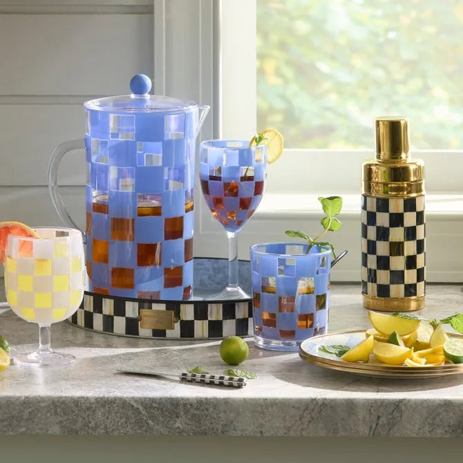 Blue Check Acrylic Wine Goblets, Set of 4