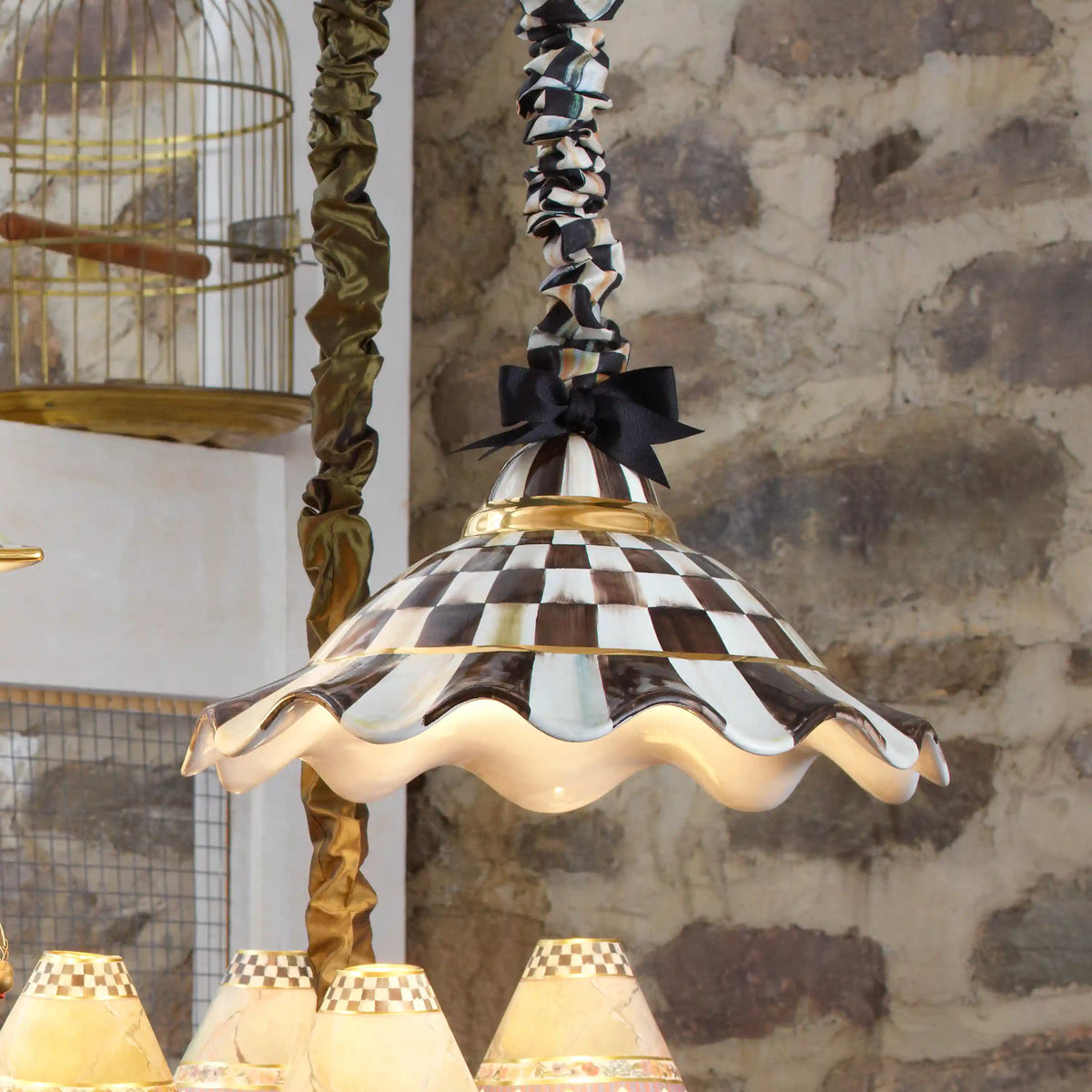 Mocha Check Ceramic Fluted Hanging Lamp