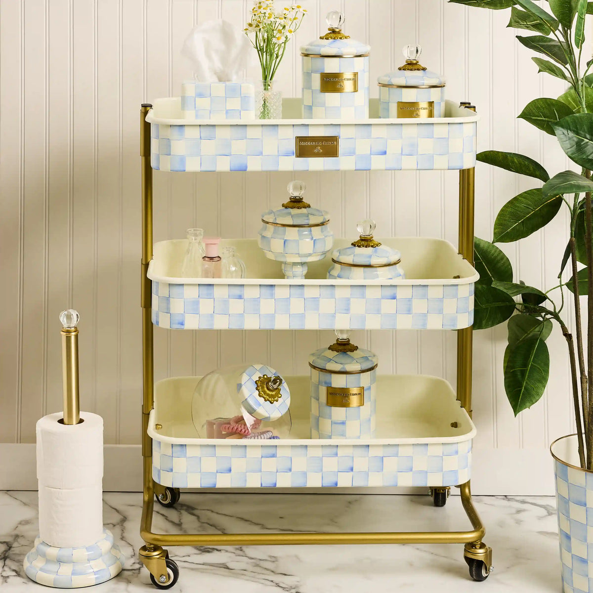 Mocha Check 2-Tier Kitchen Cart