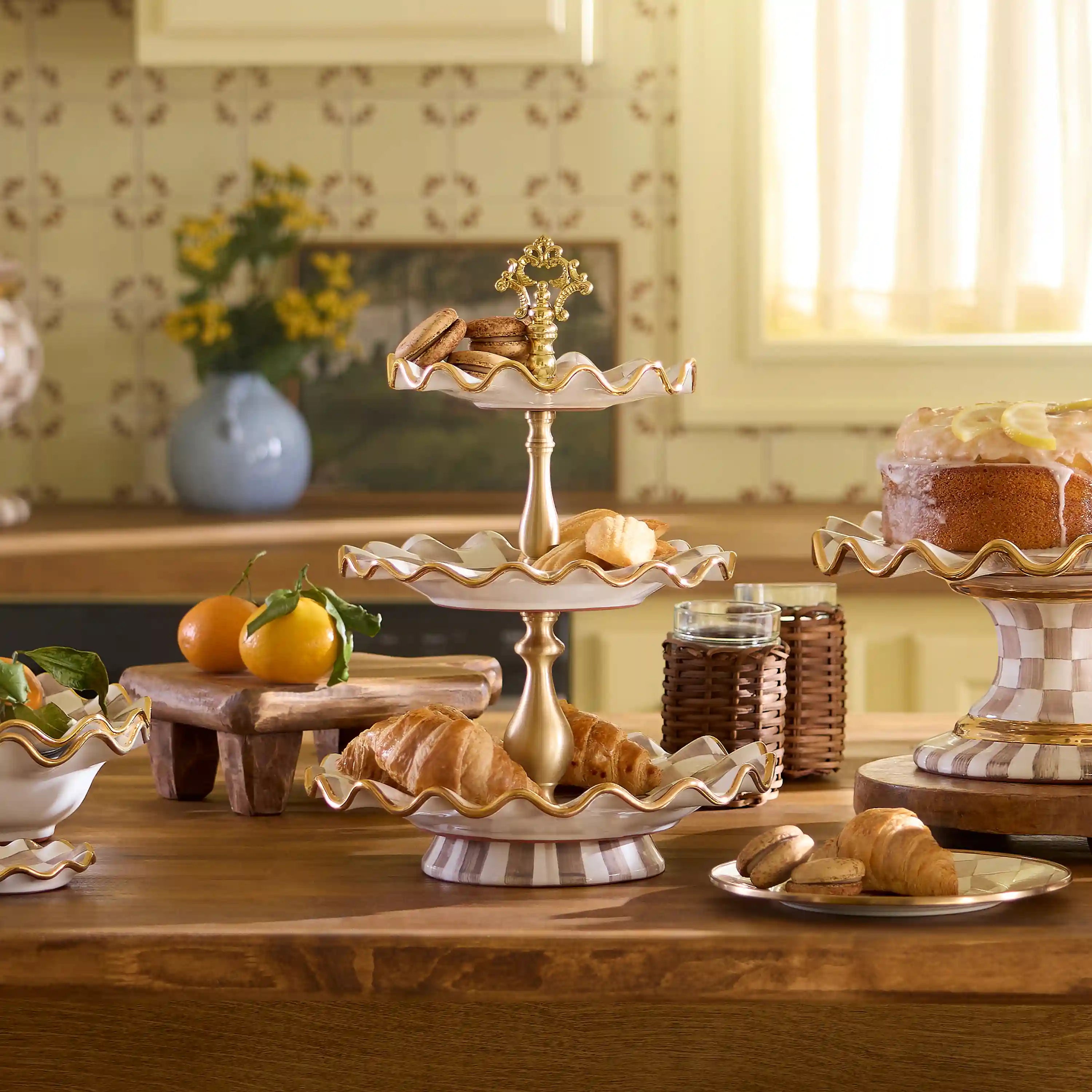 Violet Check Ceramic Three Tier Sweet Stand