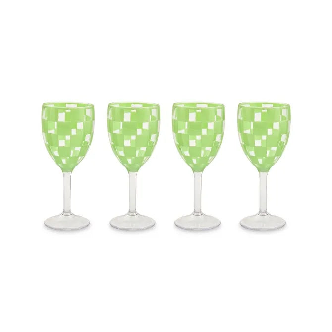 Green Check Acrylic Wine Goblets, Set of 4