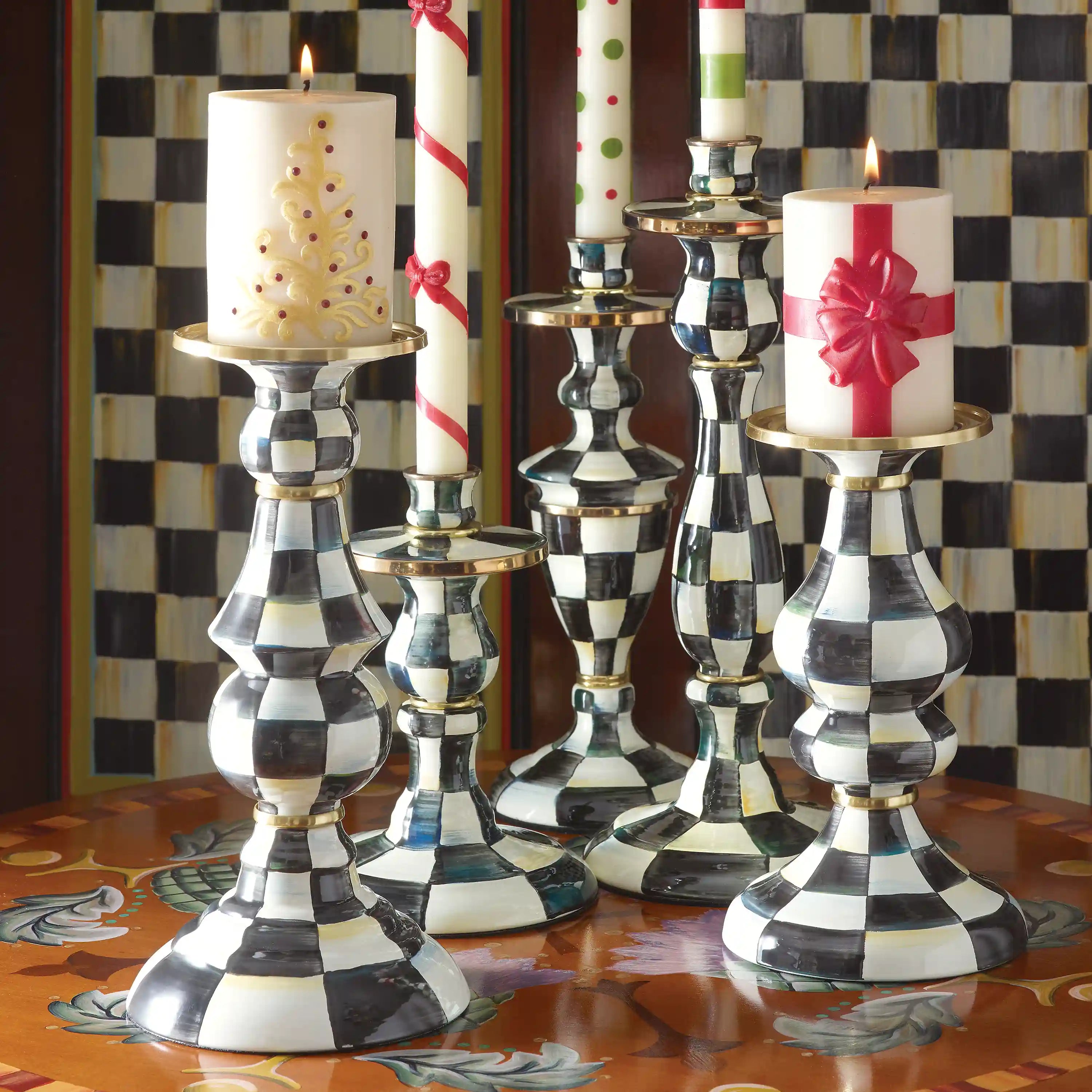 Violet Check Medium Pillar Candlestick