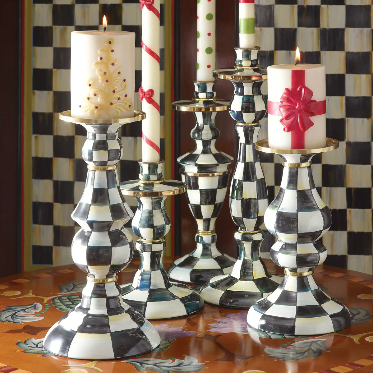 Violet Check Large Pillar Candlestick