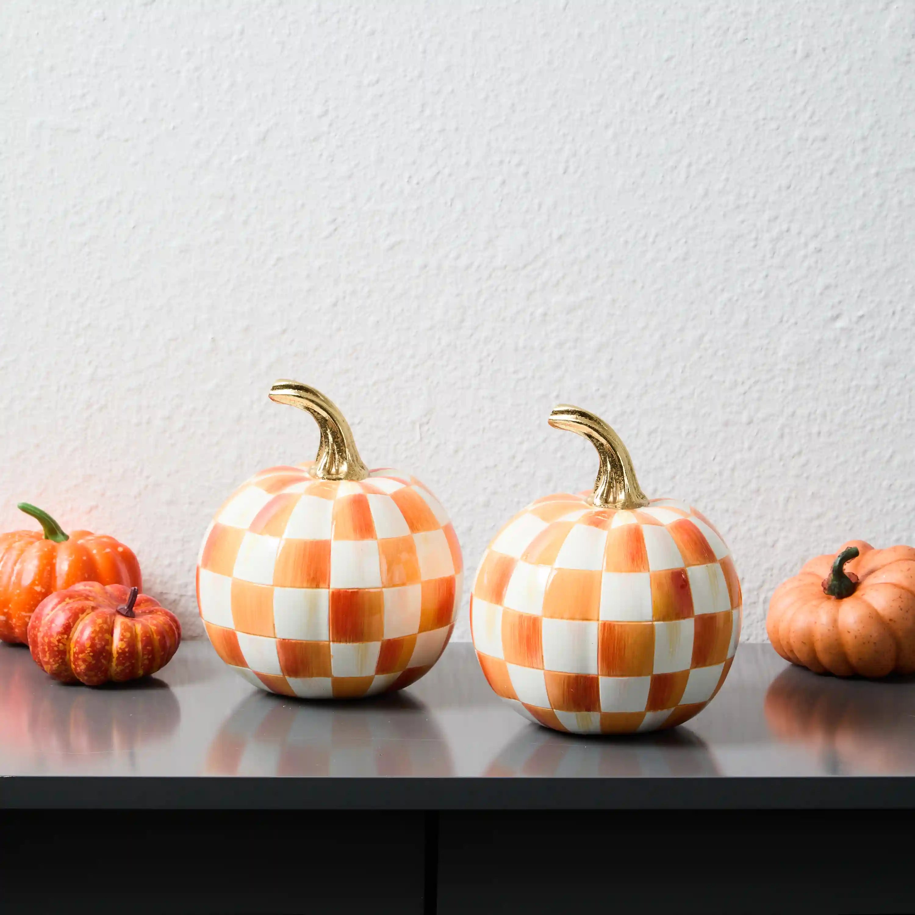 Classic Orange Check Mini Pumpkin Set of 2