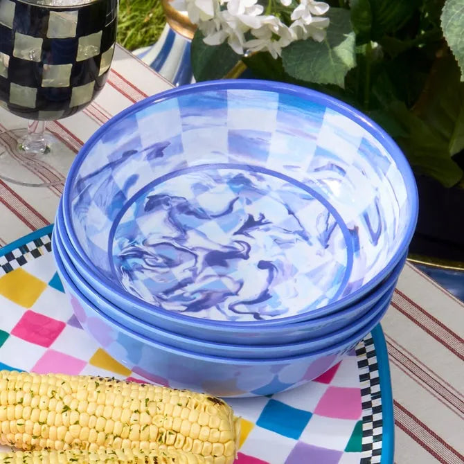 Blue Marble Check Melamine Small Bowls, Set of 4