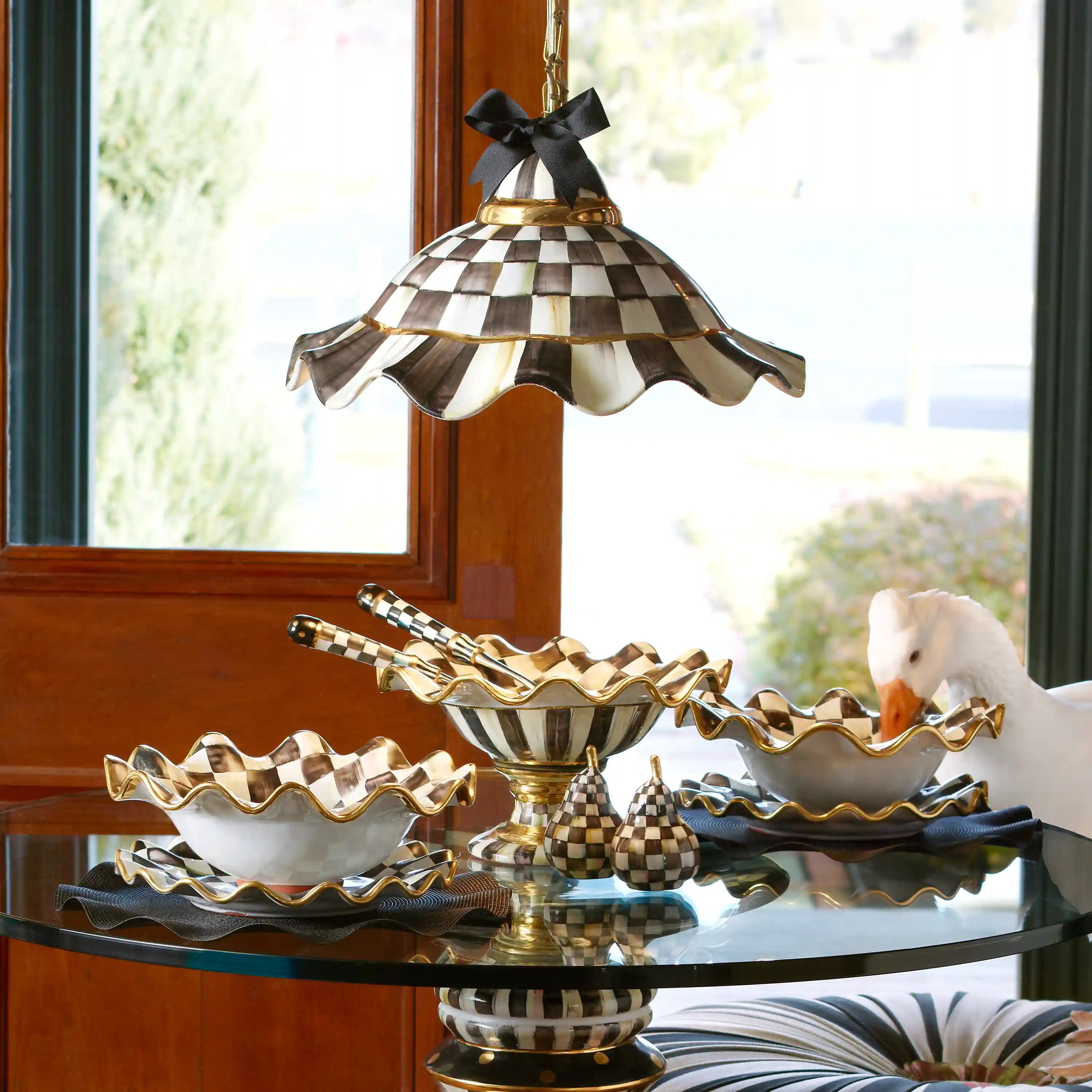 Mocha Check Ceramic Fluted Hanging Lamp