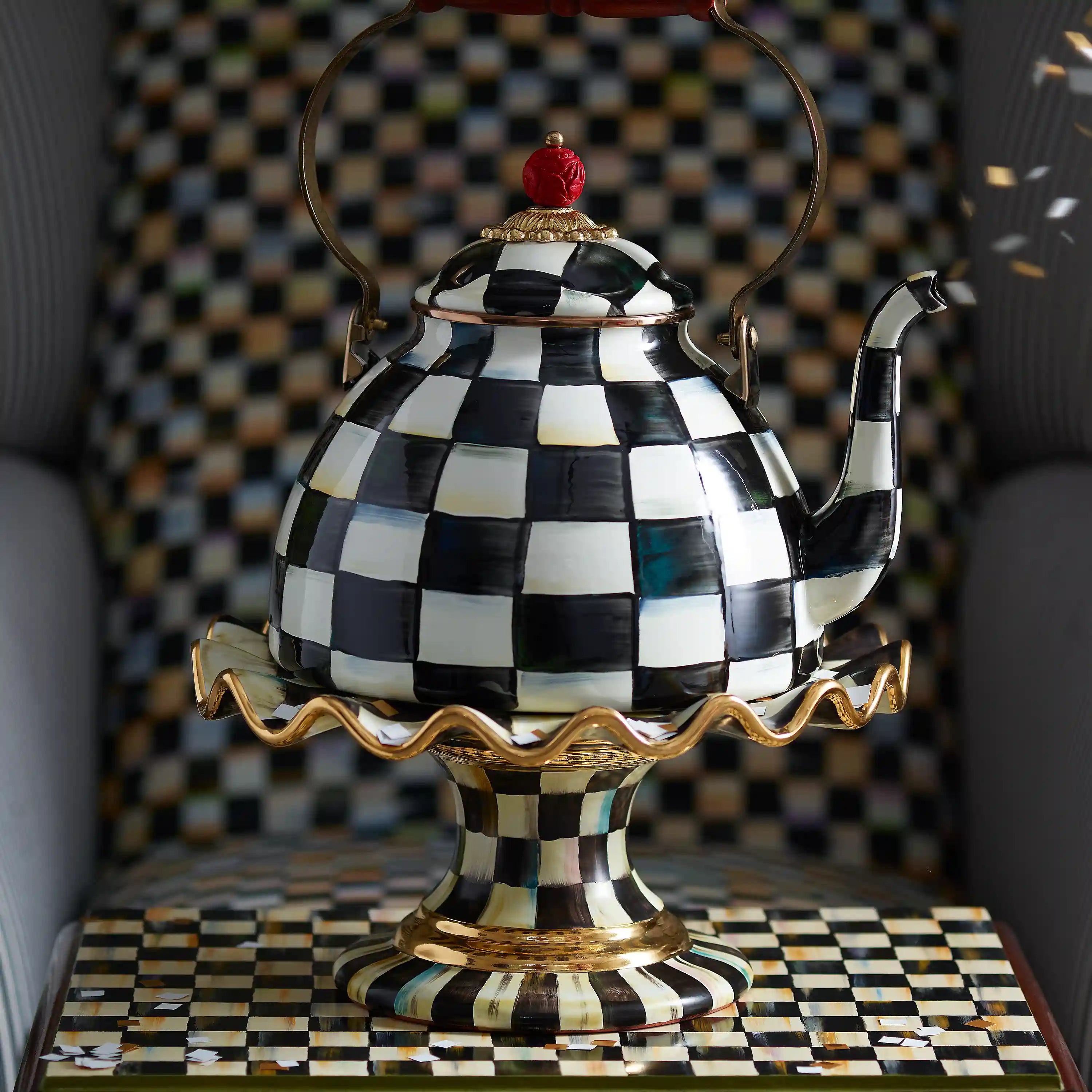 Rosy Check Ceramic Fluted Cake Stand