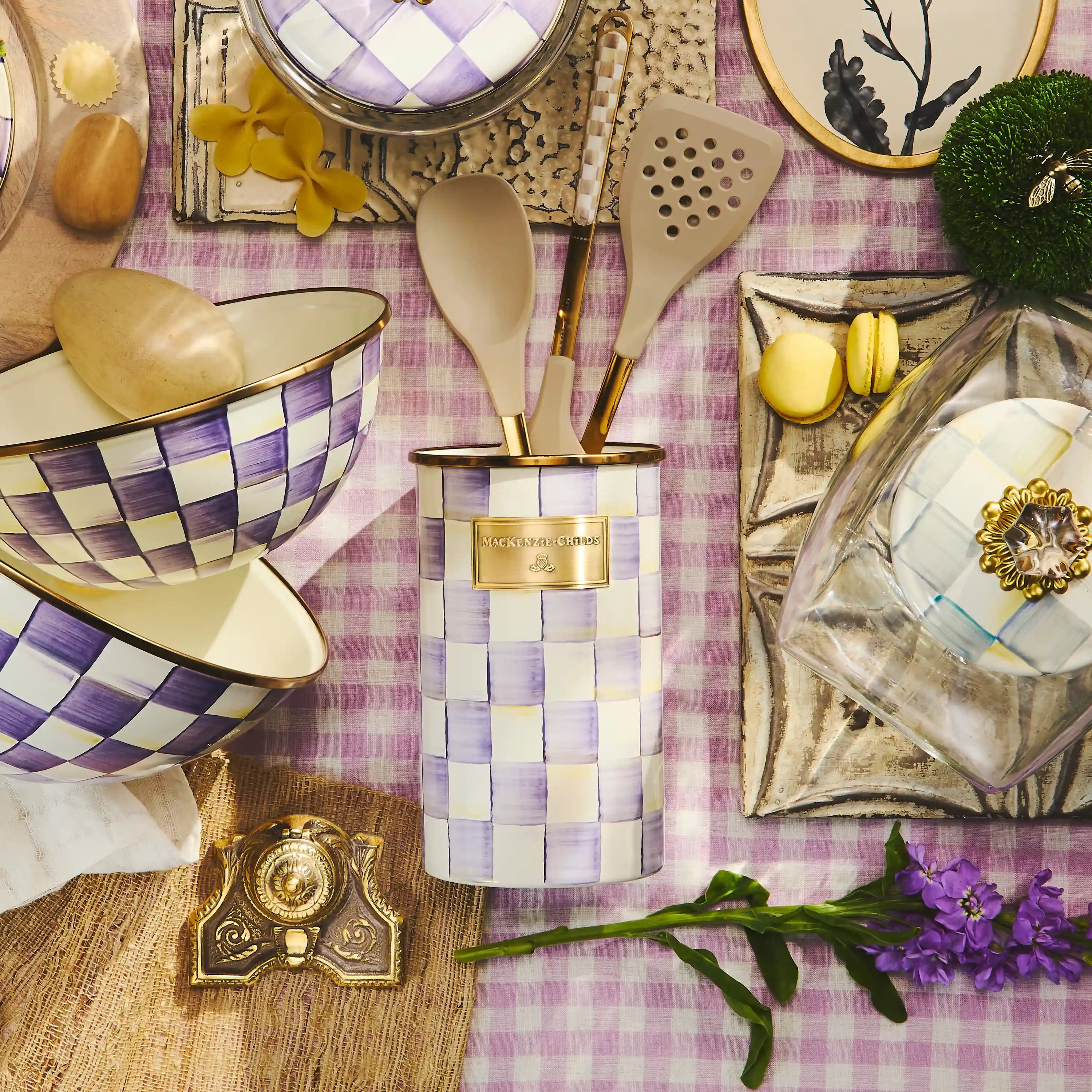 Violet Check Utensil Holder