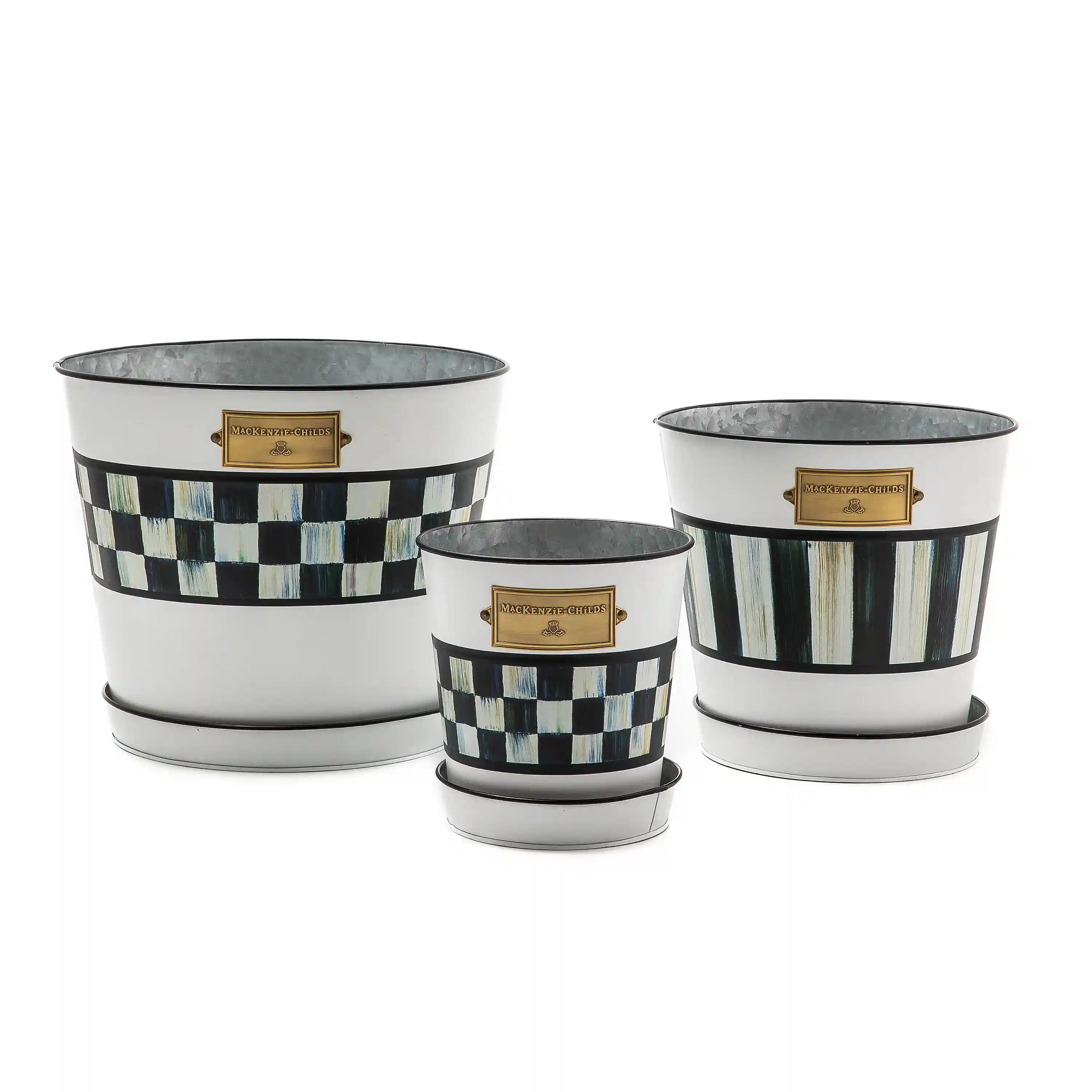 Grass Green Stripe Pots & Saucers, Set of 3
