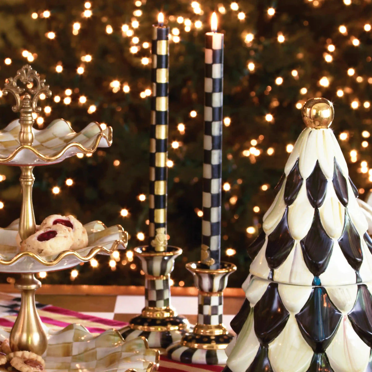 Check Gold & Ivory Dinner Candles, Set of 2