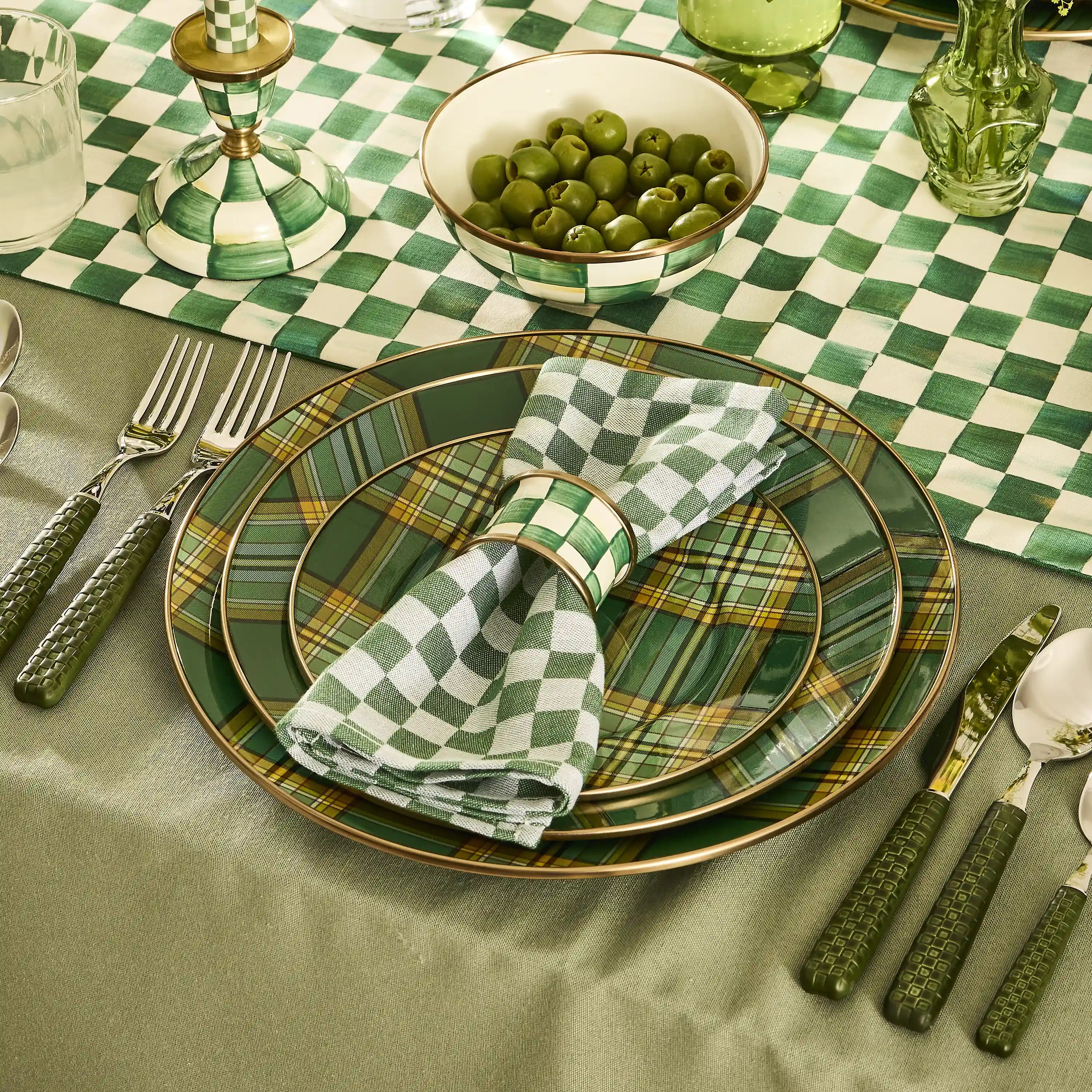 Emerald Check Napkin Rings, Set of 4