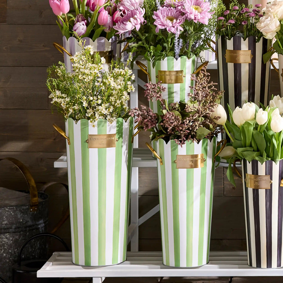 Grass Green Stripe Flower Buckets, Set of 3