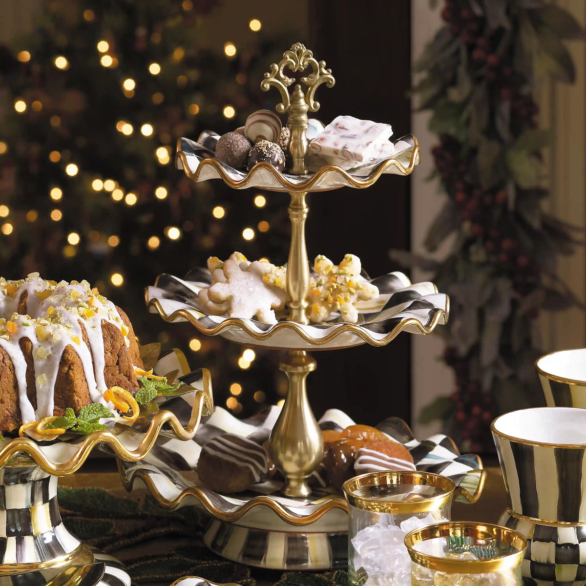 Mocha Check Ceramic Three Tier Sweet Stand