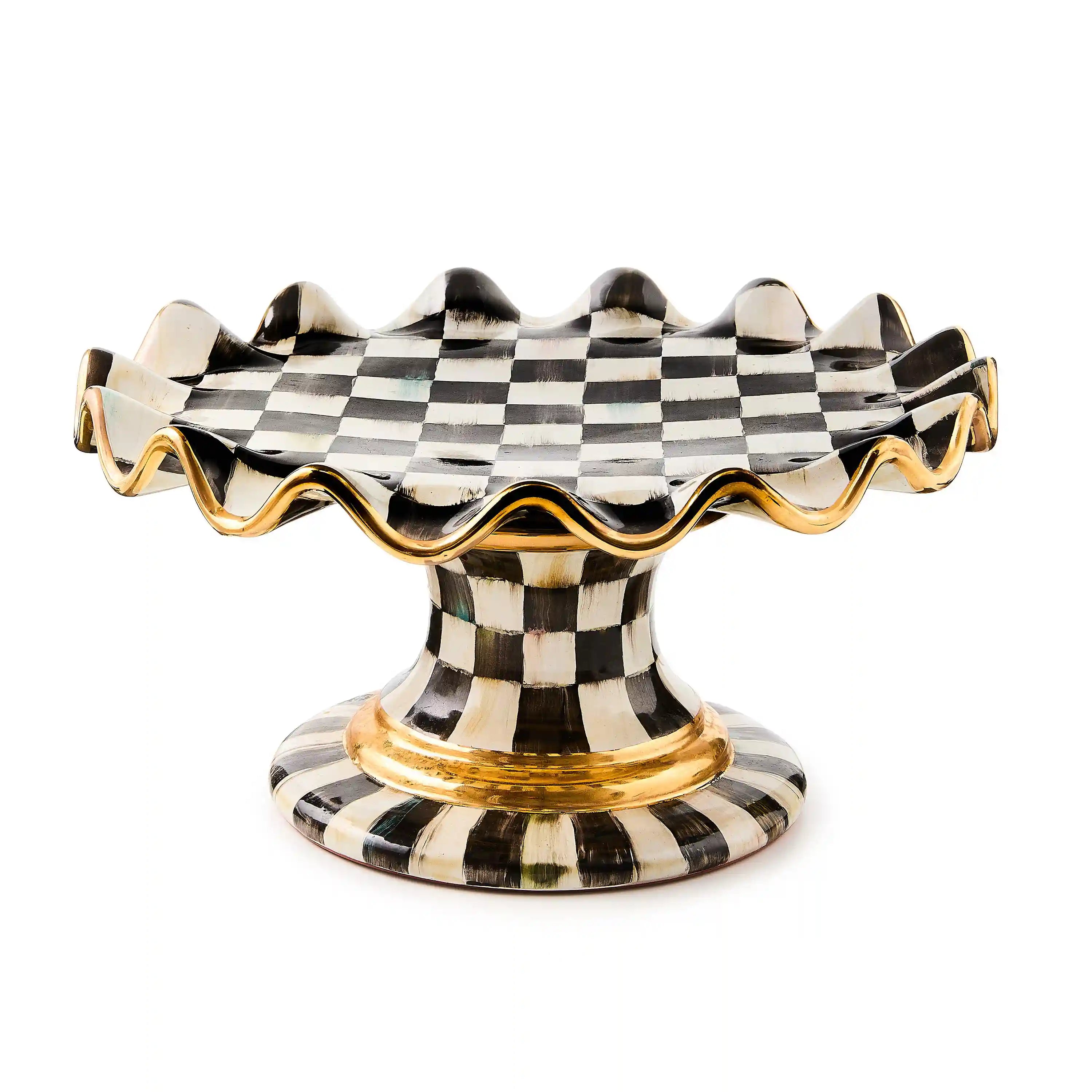 Mocha Check Ceramic Fluted Cake Stand