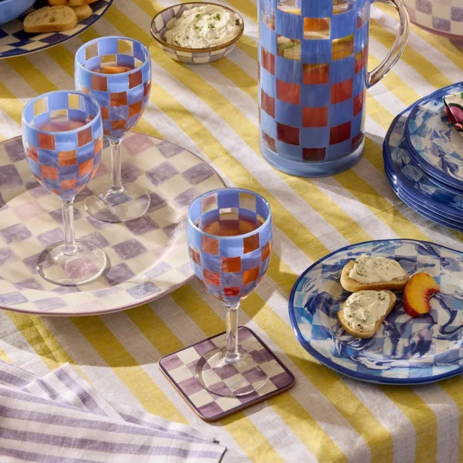Blue Check Acrylic Wine Goblets, Set of 4