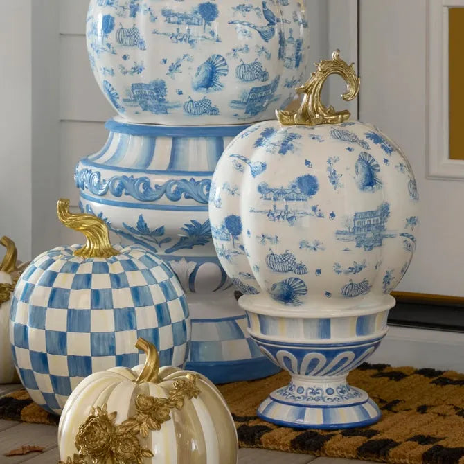Royal Autumn Toile Tall Pedestal Pumpkin