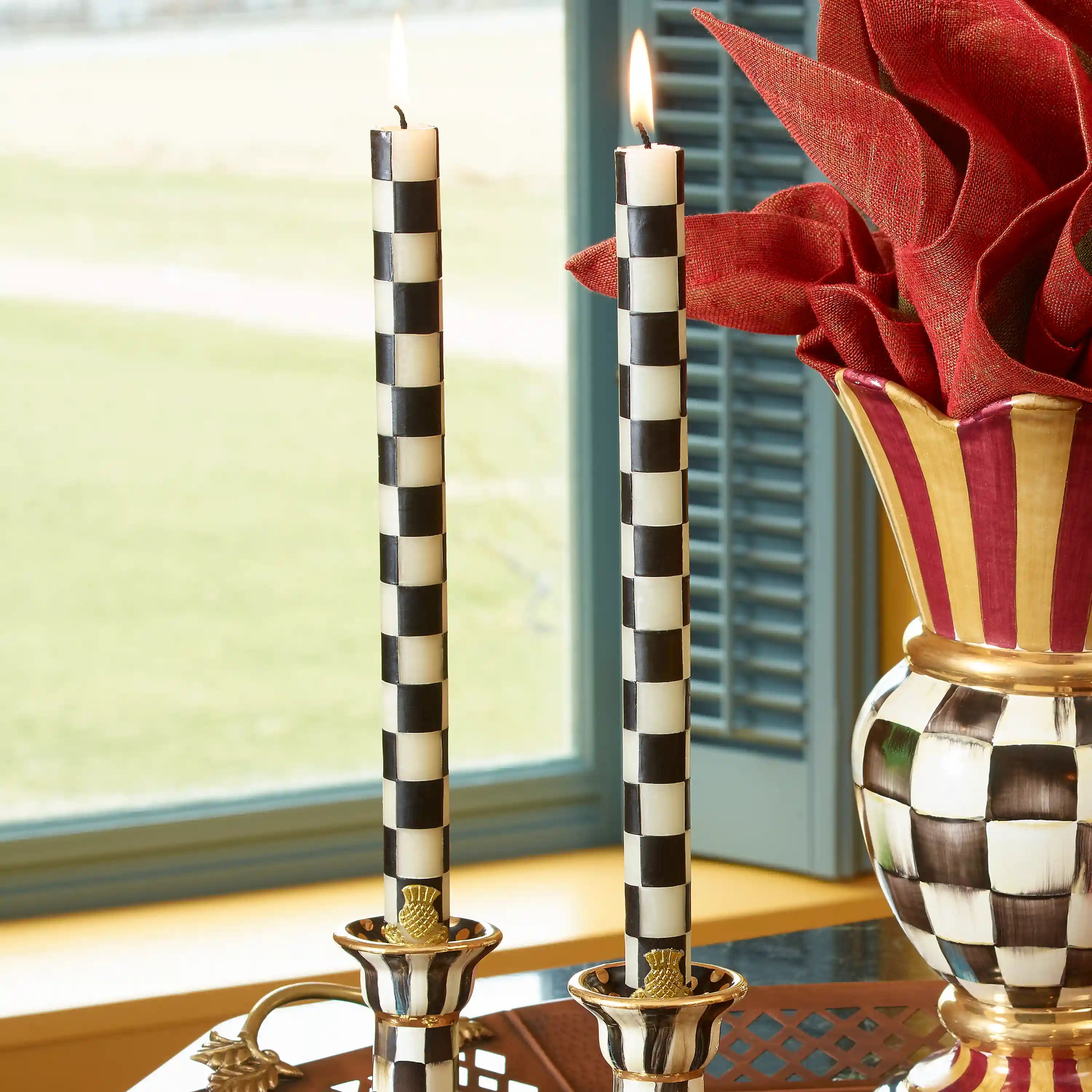 Mocha Check Dinner Candles, Set of 2