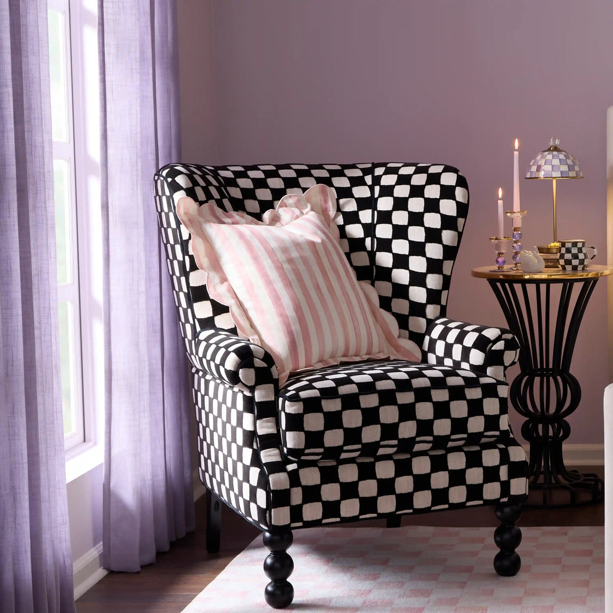 Violet Check Reversible Scalloped Throw Pillow