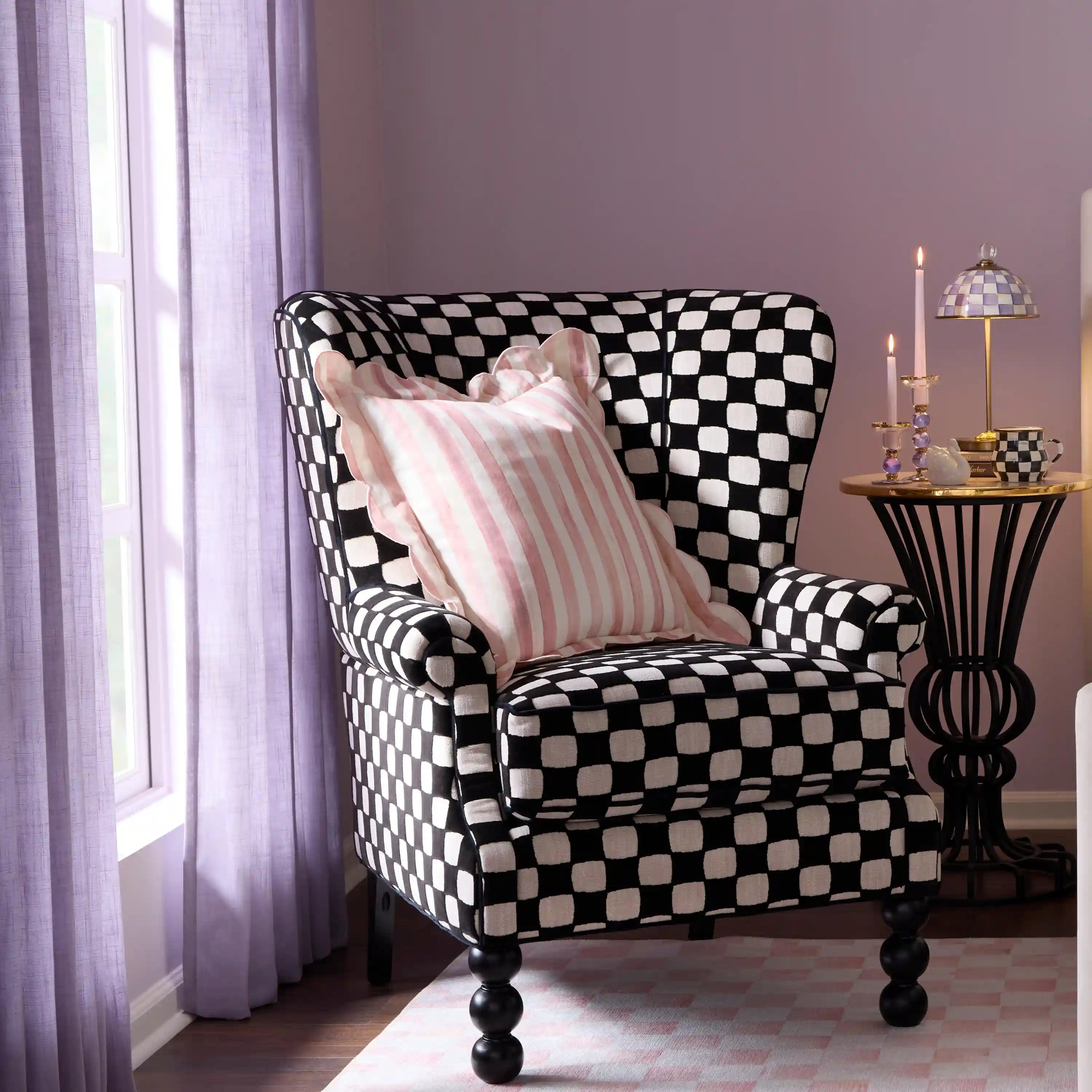 Violet Check Reversible Scalloped Lumbar Throw Pillow