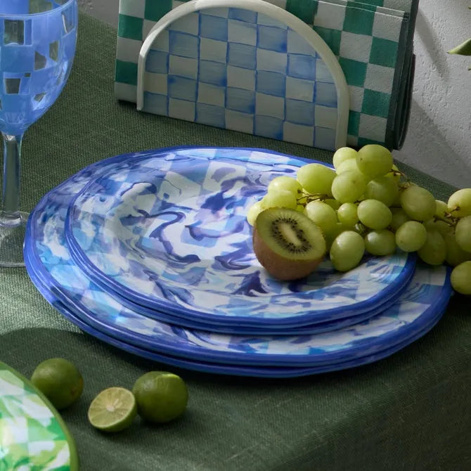 Blue Marble Check Melamine Dinner Plates, Set of 4