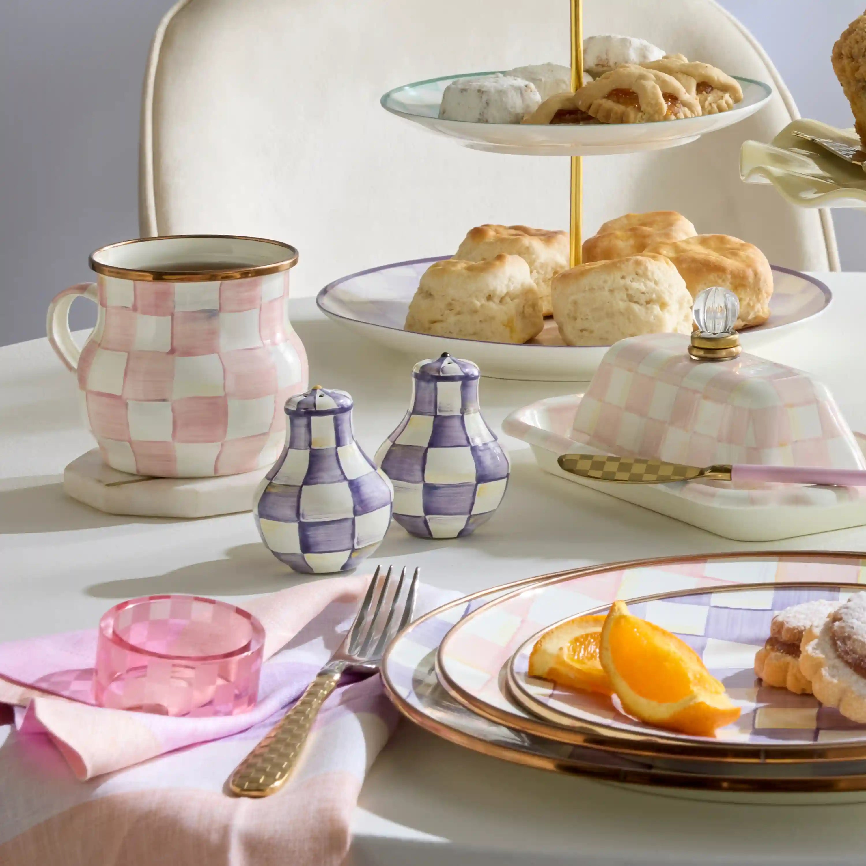 Violet Check Large Salt & Pepper Shakers