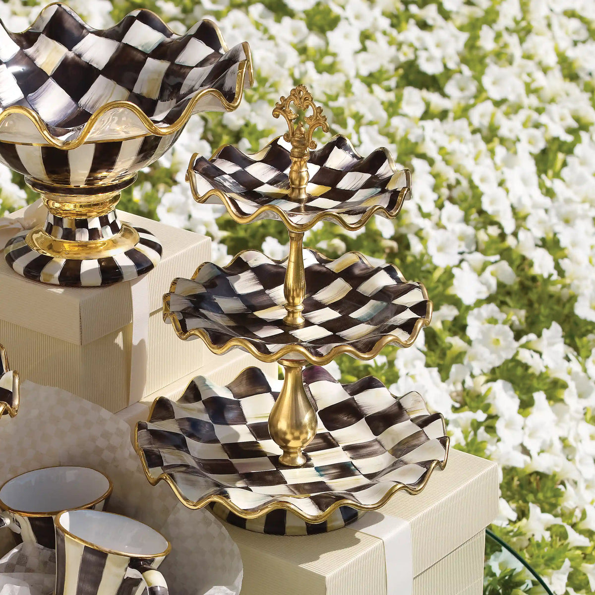 Violet Check Ceramic Three Tier Sweet Stand
