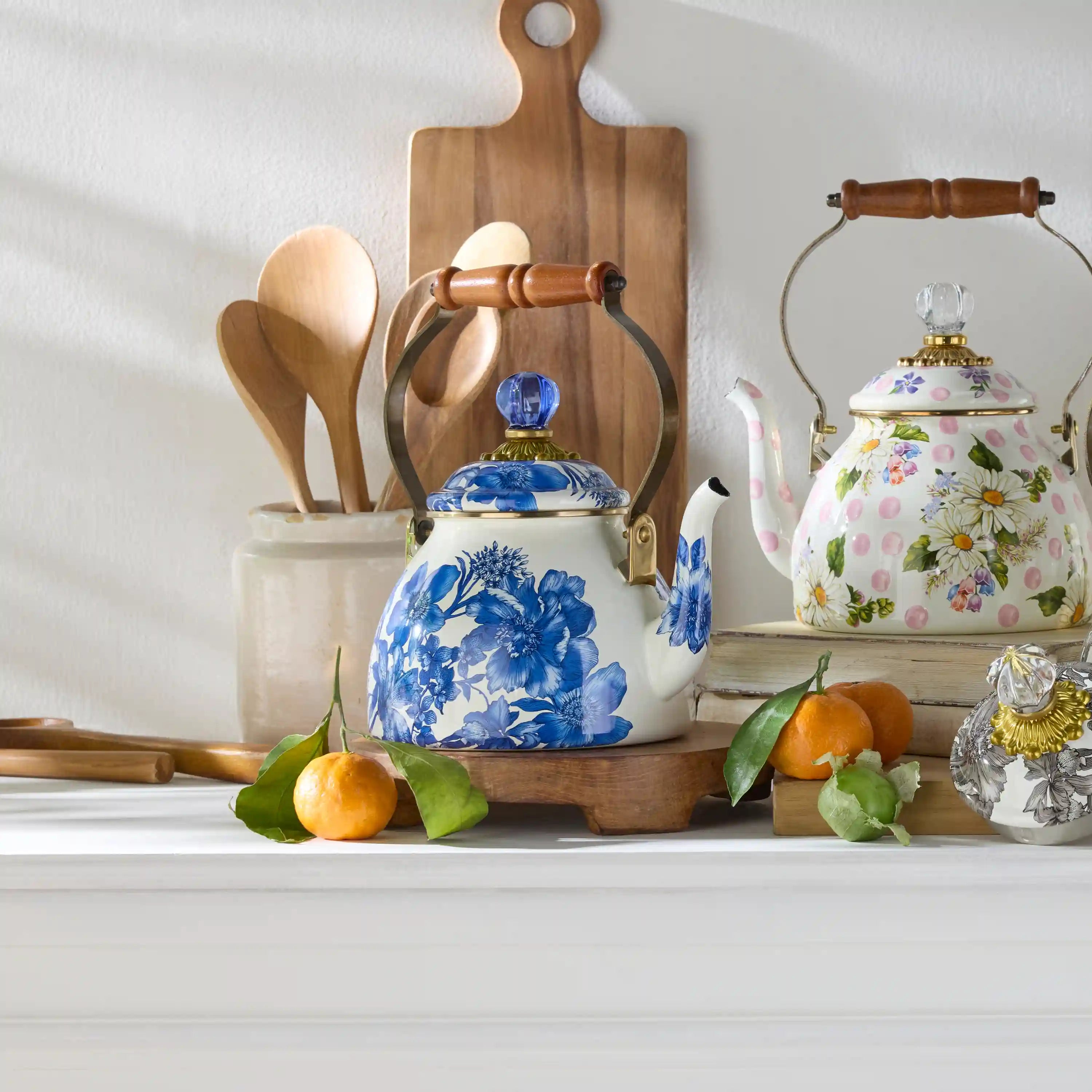 Wild Rose White 2 Quart Tea Kettle