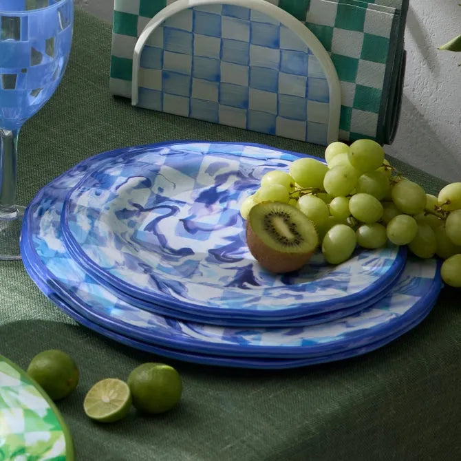 Blue Marble Check Melamine Salad Plates, Set of 4