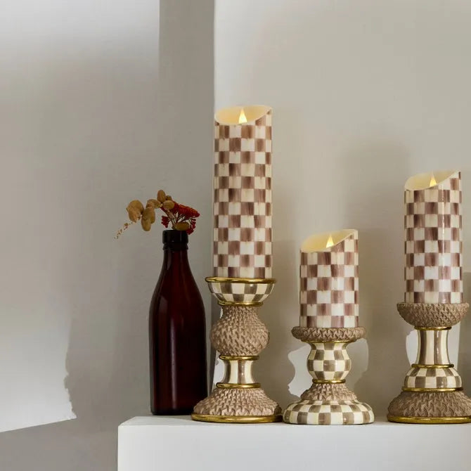 Mocha Check Flameless 9" Pillar Candle