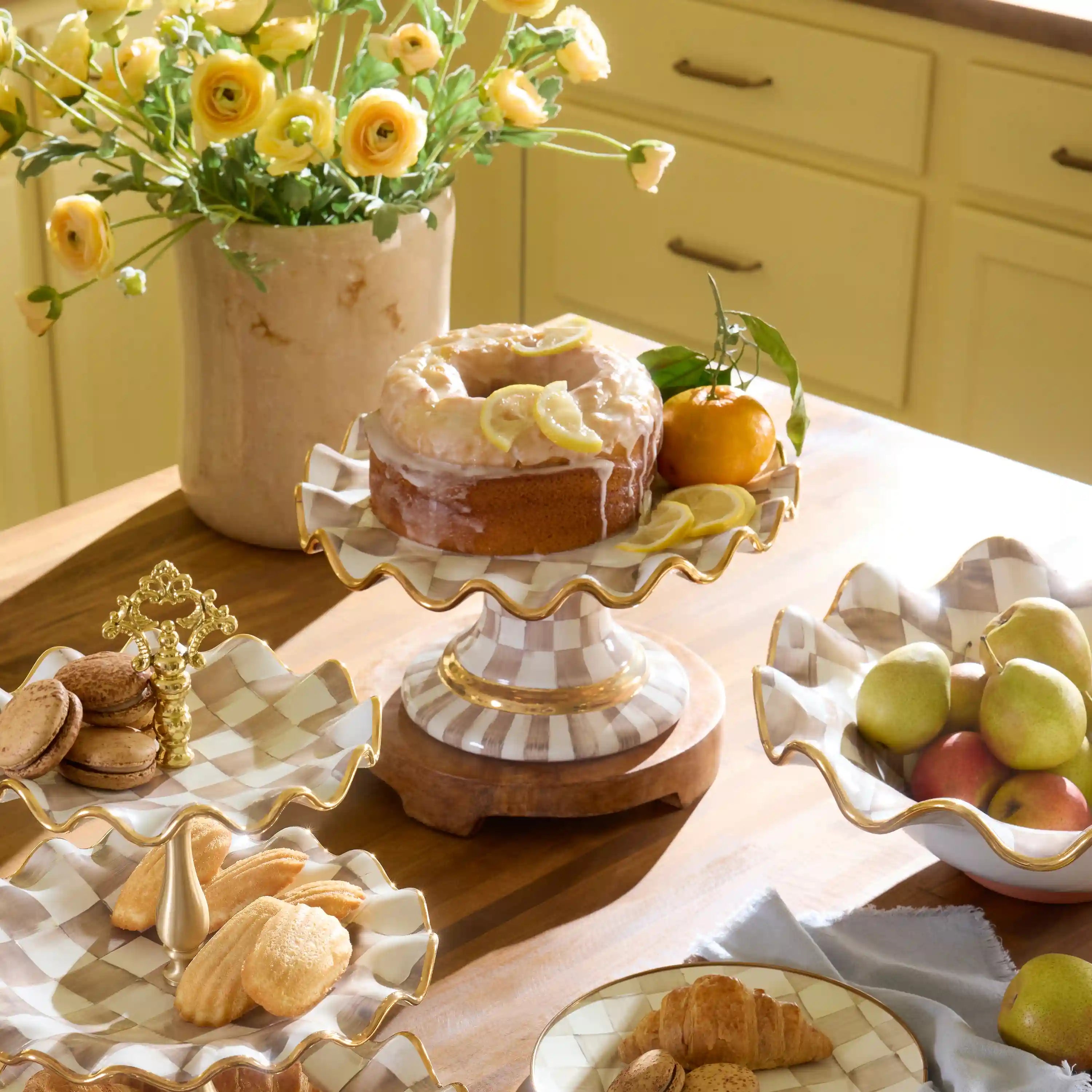 Rosy Check Ceramic Fluted Cake Stand