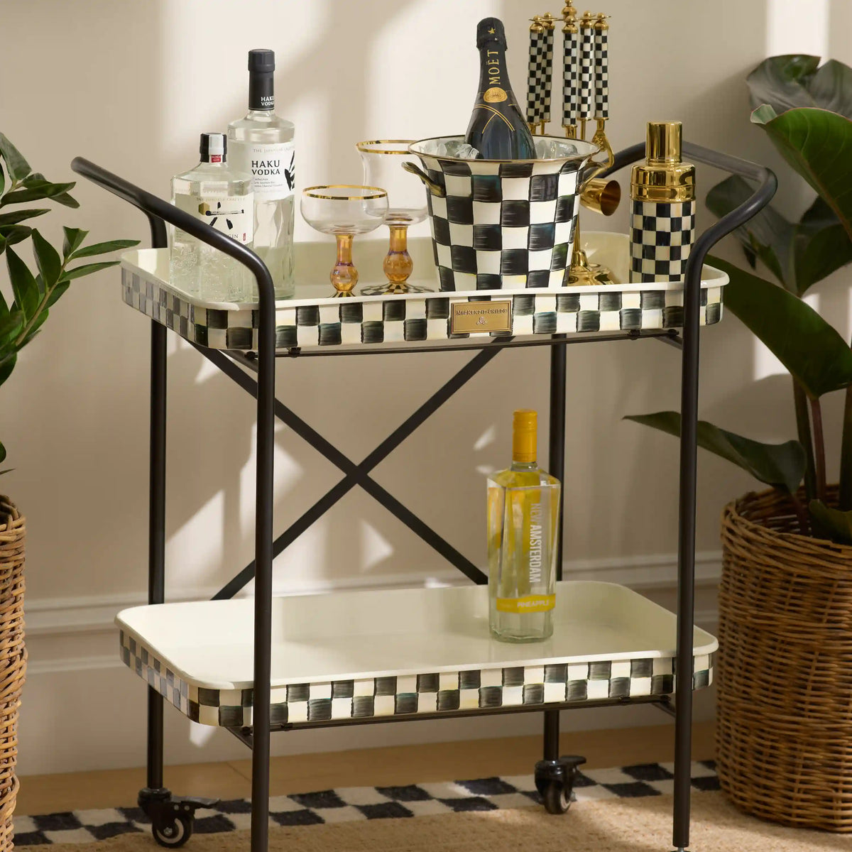 Mocha Check 2-Tier Kitchen Cart