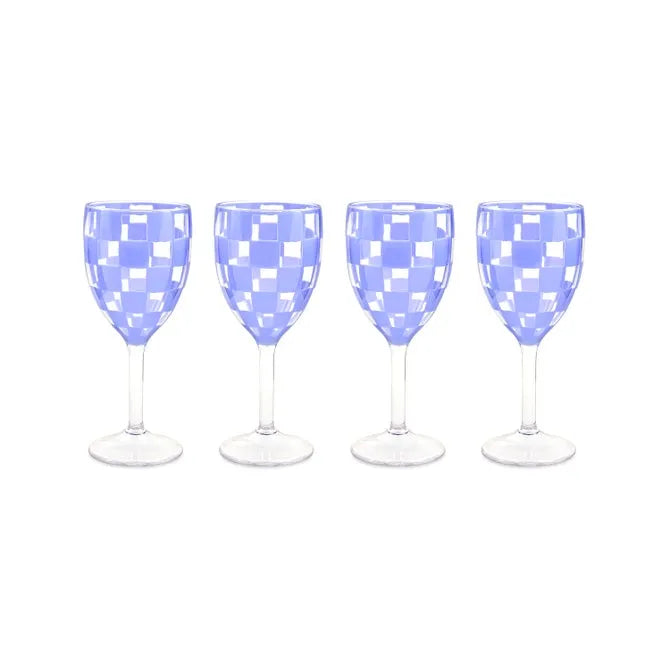 Blue Check Acrylic Wine Goblets, Set of 4