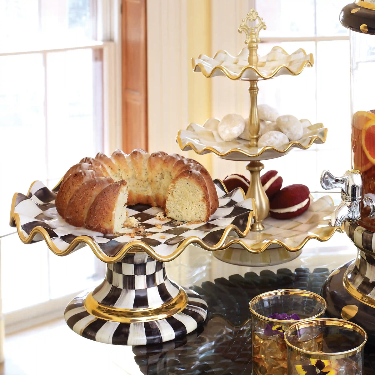 Rosy Check Ceramic Fluted Cake Stand